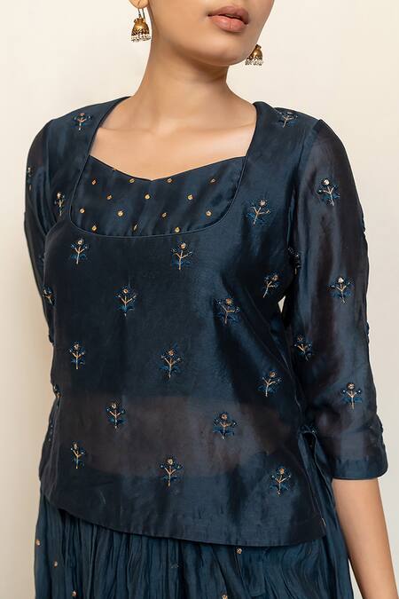 Buy_Nirjara_Blue Cotton, Silk, Heer Hand Kanchadi Blouse Lehenga Set 