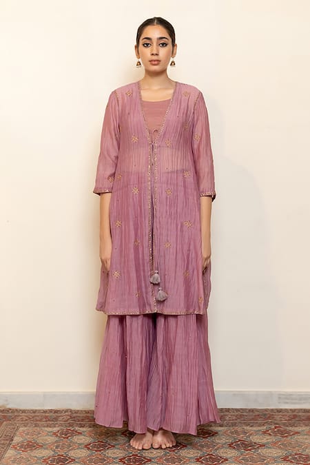 Nirjara Purple , Cotton Embroidery, Beads Ruhma Jacket Sharara Set Online at Aza Fashions Nirjara_Purple , Cotton Embroidery, Beads Ruhma Jacket Sharara Set _Online_at_Aza_Fashions