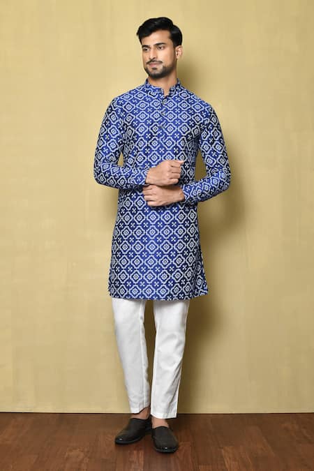 Aryavir Malhotra Blue Kurta Cotton Silk Printed Checkered Bandhani Short Set 