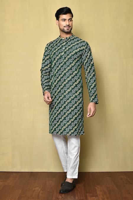 Aryavir Malhotra Green Kurta Cotton Silk Printed Stripe Bandhani Pant Set 