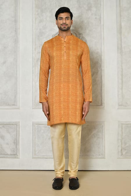 Buy_Arihant Rai Sinha_Orange Cotton, Silk, Denim Checkered Print Kurta Set _Online_at_Aza_Fashions