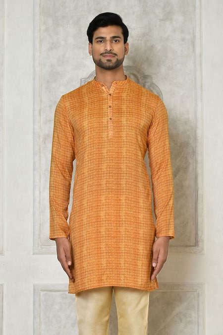 Shop_Arihant Rai Sinha_Orange Cotton, Silk, Denim Checkered Print Kurta Set _Online_at_Aza_Fashions