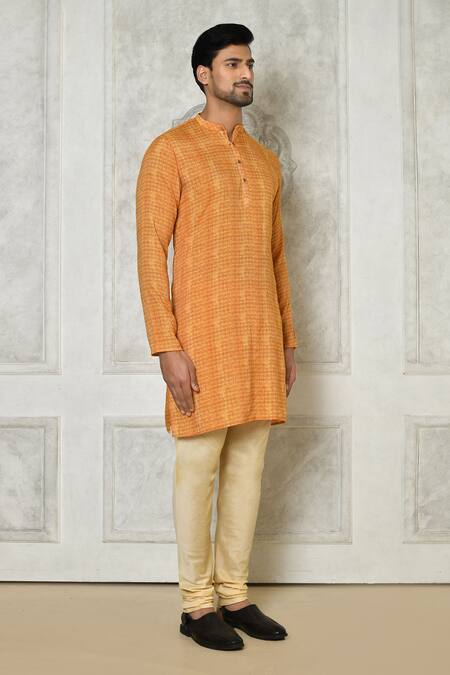 Arihant Rai Sinha_Orange Cotton, Silk, Denim Checkered Print Kurta Set _at_Aza_Fashions