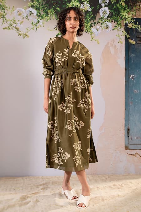 Arcvsh By Pallavi Singh Green Silk, Chanderi Split V-neck Floral Print Dress 