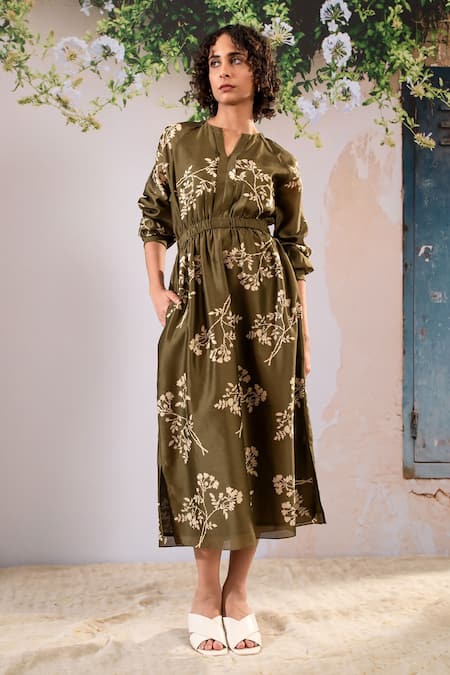 Shop Arcvsh By Pallavi Singh Green Silk, Chanderi Split V-neck Floral Print Dress Online at Aza Fashions Shop_Arcvsh By Pallavi Singh_Green Silk, Chanderi Split V-neck Floral Print Dress _Online_at_Aza_Fashions