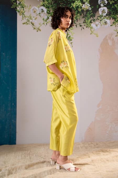 Buy Arcvsh By Pallavi Singh Yellow Cotton, Silk, Chanderi Polo Collar Printed Kaftan Top With Pant Online at Aza Fashions Buy_Arcvsh By Pallavi Singh_Yellow Cotton, Silk, Chanderi Polo Collar Printed Kaftan Top With Pant _Online_at_Aza_Fashions