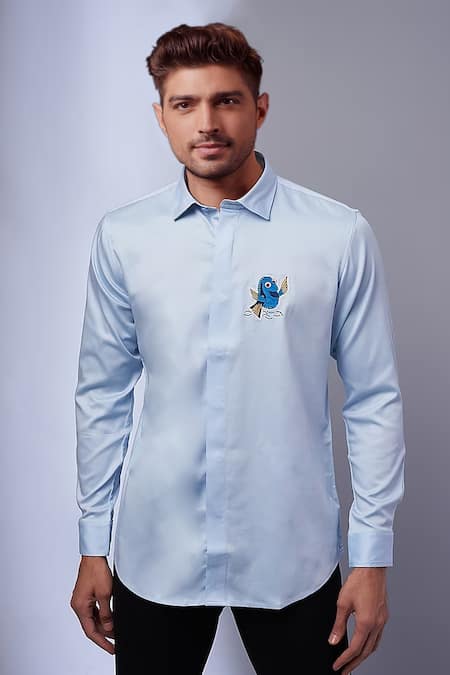 SAMMOHAN CEREMONIAL - Blue Cotton Placement Embroidery Fish Shirt For Men