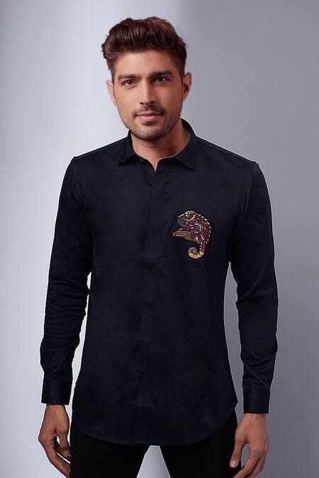 SAMMOHAN CEREMONIAL Blue Cotton Placement Embroidery Abstract Full Sleeve Shirt