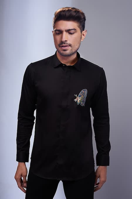 SAMMOHAN CEREMONIAL Black Cotton Placement Embroidery Butterfly Full Sleeve Shirt 