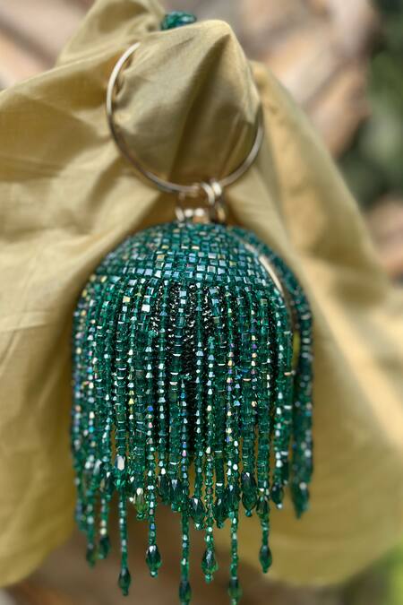 Bag Head_Green Crystals Tassel Embellished Small Ball Bag _Online_at_Aza_Fashions