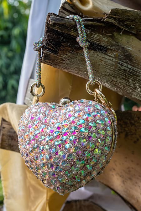 Shop Bag Head Multi Color Crystals Holographic Embellished Heart Bag at Aza Fashions Shop_Bag Head_Multi Color Crystals Holographic Embellished Heart Bag _at_Aza_Fashions