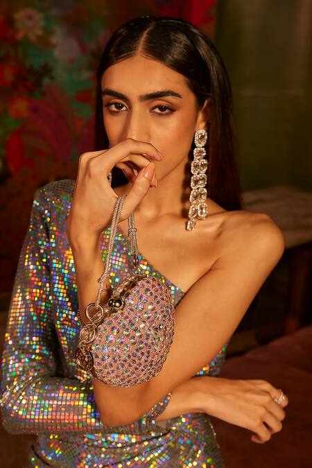 Bag Head Multi Color Crystals Holographic Embellished Heart Bag Online at Aza Fashions Bag Head_Multi Color Crystals Holographic Embellished Heart Bag _Online_at_Aza_Fashions