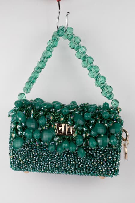Bag Head Emerald Green Crystals, Embroidery Stone Embellished Bag Online at Aza Fashions Bag Head_Emerald Green Crystals, Embroidery Stone Embellished Bag _Online_at_Aza_Fashions