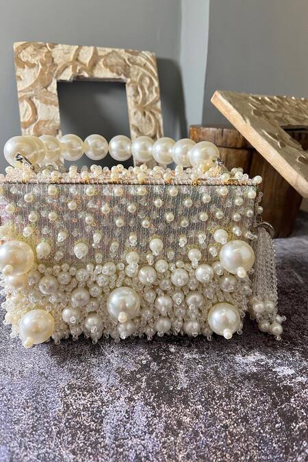 Bag Head_White Pearls, Crystals Embellished Bag _Online_at_Aza_Fashions