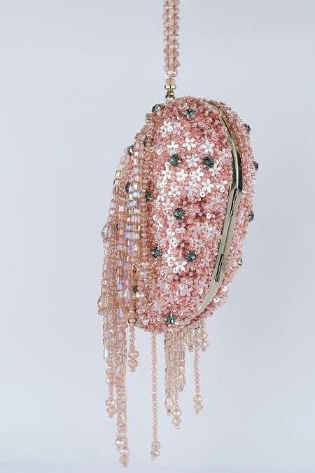 Bag Head_Pink Crystals, Sequins Floral Embellished Oval Bag _Online_at_Aza_Fashions