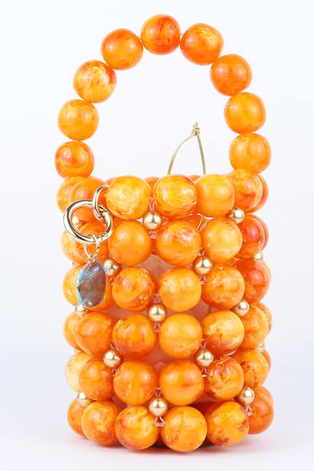 Bag Head_Orange Beads, Pearls Marble Bucket Bag _Online_at_Aza_Fashions