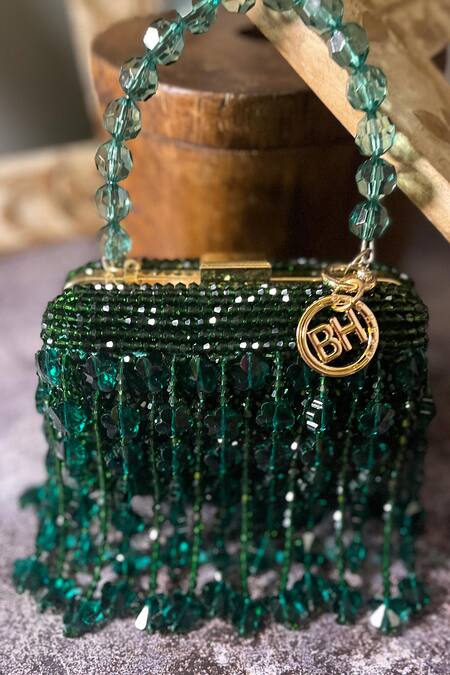 Bag Head_Green Crystals, Beads Butterfly Tasselled Bag_Online_at_Aza_Fashions