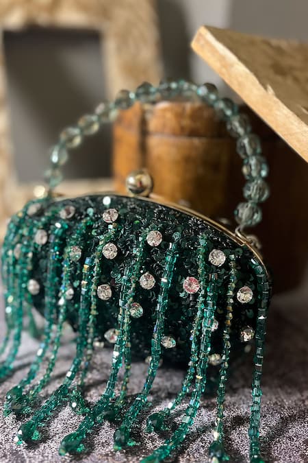 Bag Head Green Crystals, Beads Jewel Embellished Oval Bag Online at Aza Fashions Bag Head_Green Crystals, Beads Jewel Embellished Oval Bag _Online_at_Aza_Fashions