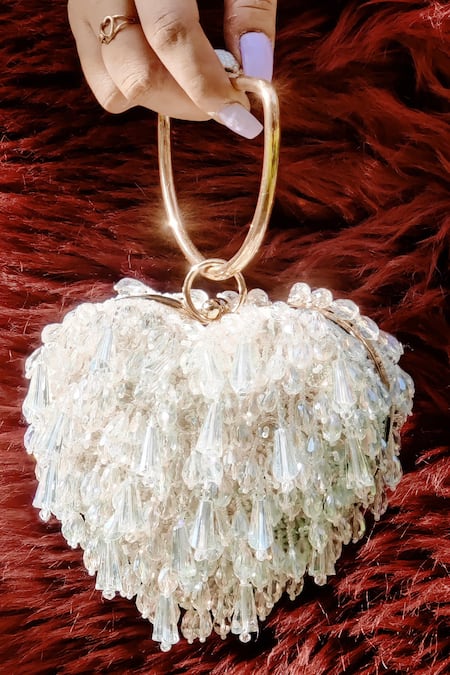 Shop Bag Head White Crystals Tassel Heart Handbag at Aza Fashions Shop_Bag Head_White Crystals Tassel Heart Handbag _at_Aza_Fashions