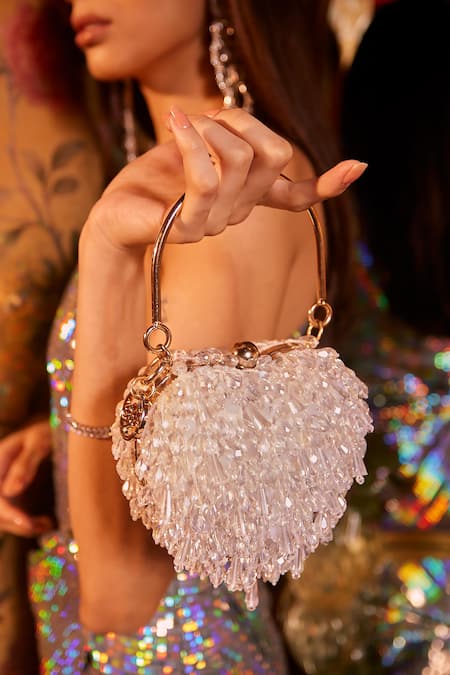 Bag Head White Crystals Tassel Heart Handbag Online at Aza Fashions Bag Head_White Crystals Tassel Heart Handbag _Online_at_Aza_Fashions