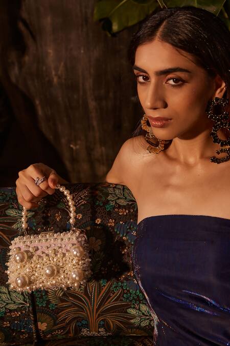 Bag Head_White Pearls, Crystals Embellished Mini Bag _Online_at_Aza_Fashions