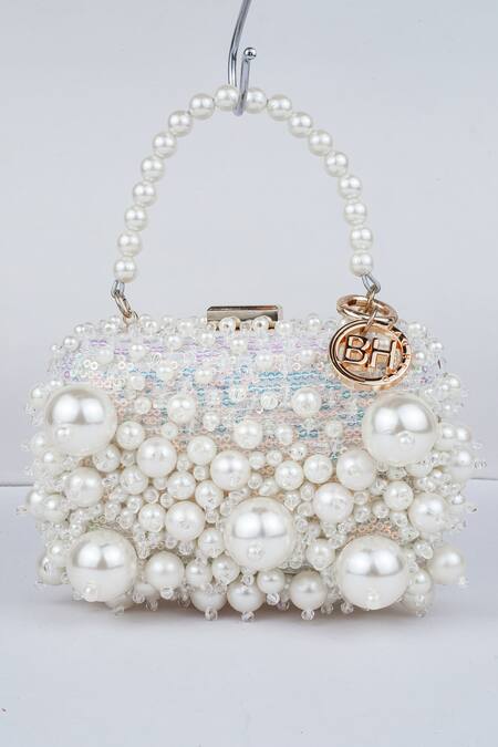 Shop_Bag Head_White Pearls, Crystals Embellished Mini Bag _Online_at_Aza_Fashions