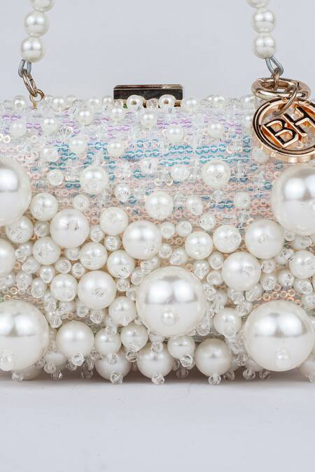 Bag Head_White Pearls, Crystals Embellished Mini Bag _at_Aza_Fashions
