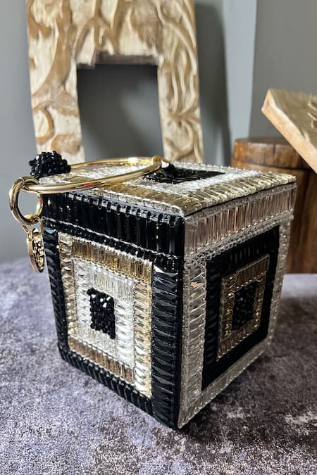 Shop Bag Head Black Crystals Embellished Box Bag at Aza Fashions Shop_Bag Head_Black Crystals Embellished Box Bag _at_Aza_Fashions