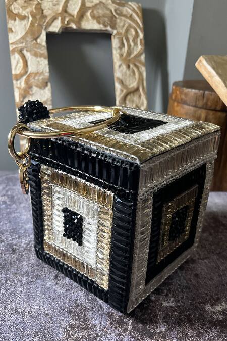 Bag Head Black Crystals Embellished Box Bag Online at Aza Fashions Bag Head_Black Crystals Embellished Box Bag _Online_at_Aza_Fashions