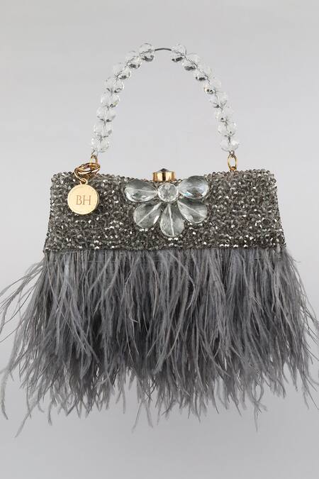 Bag Head_Grey Sequins, Feathers Embellished Bag_Online_at_Aza_Fashions