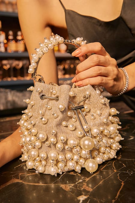 Shop Bag Head Beige Crystals, Pearls And Embellished Potli Bag at Aza Fashions Shop_Bag Head_Beige Crystals, Pearls And Embellished Potli Bag _at_Aza_Fashions