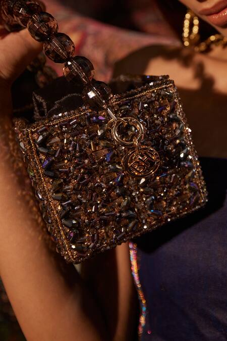 Bag Head_Grey Crystals, Beads Embellished Box Bag _Online_at_Aza_Fashions