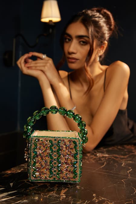 BAG HEAD Green Embellished Crystals Work Box Bag 