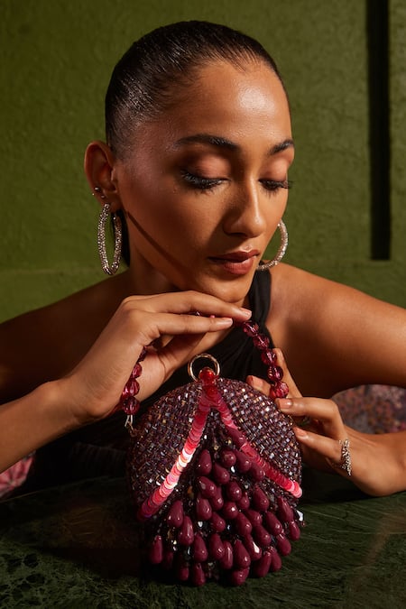 Bag Head_Purple Crystals Flat Round Shaped Embellished Bag _Online_at_Aza_Fashions