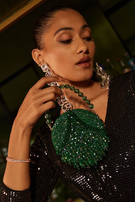 Bag Head_Green Crystals Flat Round Embellished Bag _Online_at_Aza_Fashions