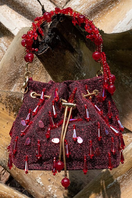 BAG HEAD Red Crystal And Pearl Embellished Potli 