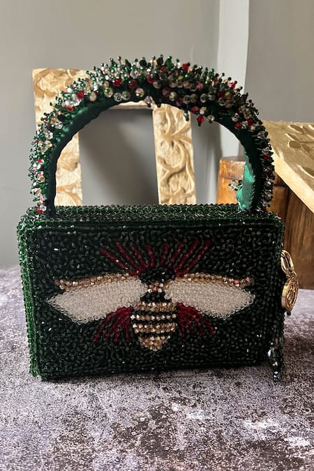 Bag Head_Green Beads Semi Precious Stone Embellished Bag _Online_at_Aza_Fashions
