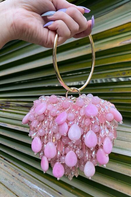 Bag Head Pink Crystals Heart Shaped Embellished Bag Online at Aza Fashions Bag Head_Pink Crystals Heart Shaped Embellished Bag_Online_at_Aza_Fashions