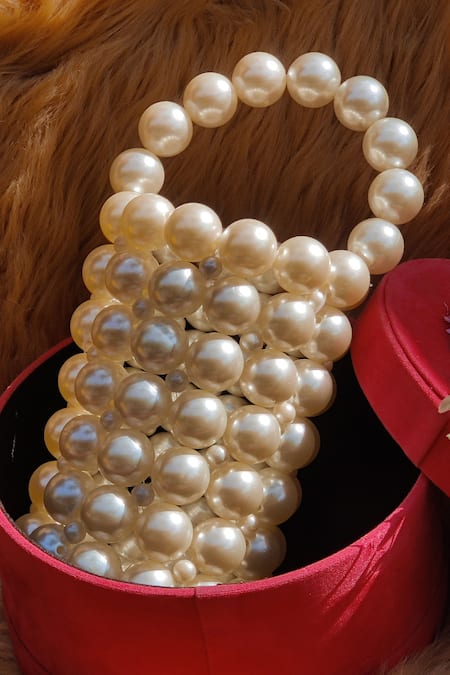 Bag Head_White Pearls Embellished Bucket Bag _Online_at_Aza_Fashions