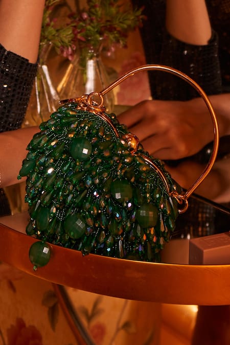Bag Head_Green Crystals Tonal Embellished Bag _Online_at_Aza_Fashions