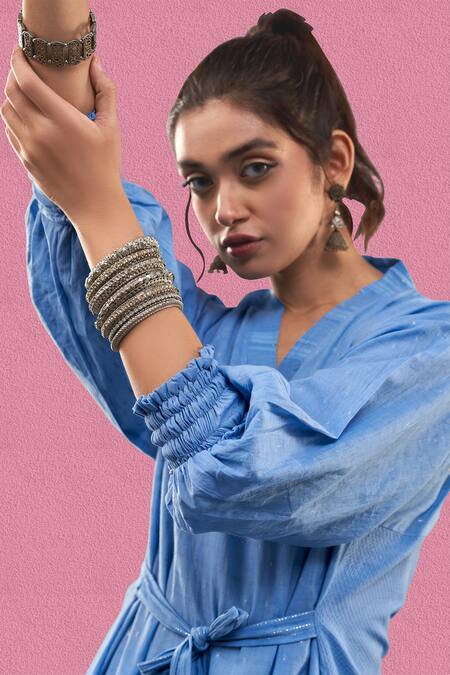 Buy_Affroz_Blue Cotton V-neck Solid Paneled Tunic And Trouser Set _Online_at_Aza_Fashions