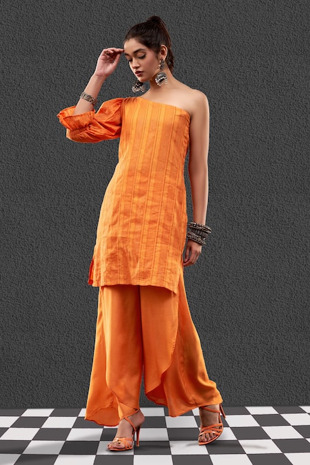 Affroz_Orange Cotton, Jacquard One Shoulder Striped Kurta And Palazzo Set _Online_at_Aza_Fashions