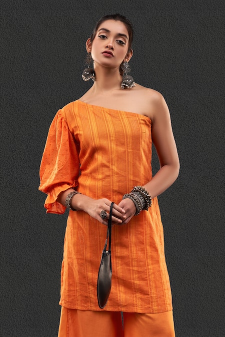 Buy_Affroz_Orange Cotton, Jacquard One Shoulder Striped Kurta And Palazzo Set _Online_at_Aza_Fashions