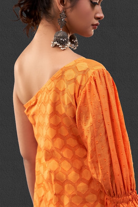 Shop_Affroz_Orange Cotton, Jacquard One Shoulder Striped Kurta And Palazzo Set _Online_at_Aza_Fashions
