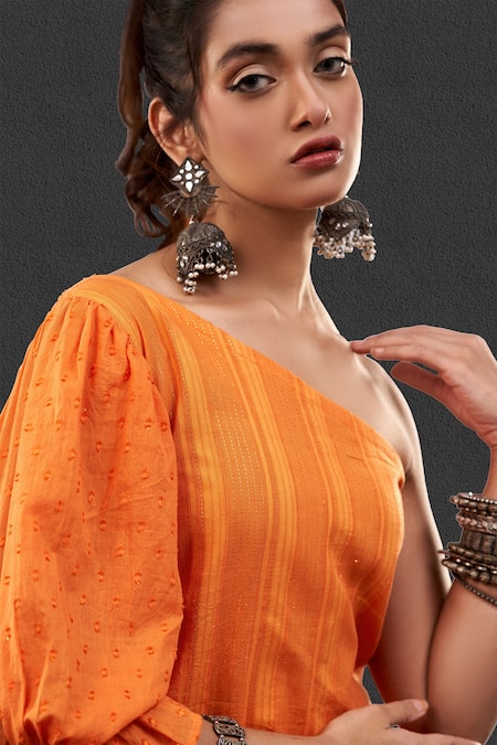 Affroz_Orange Cotton, Jacquard One Shoulder Striped Kurta And Palazzo Set _at_Aza_Fashions