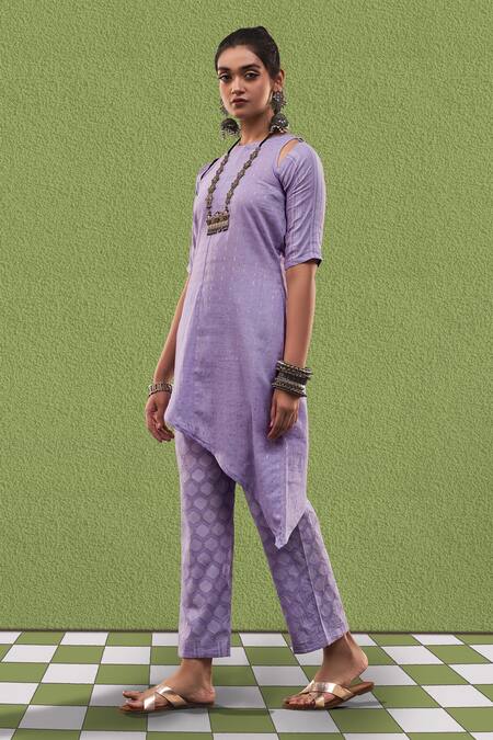 Buy_Affroz_Purple Cotton, Jacquard Round Neck Asymmetric Hem Paneled Kurta And Trouser Set _Online_at_Aza_Fashions