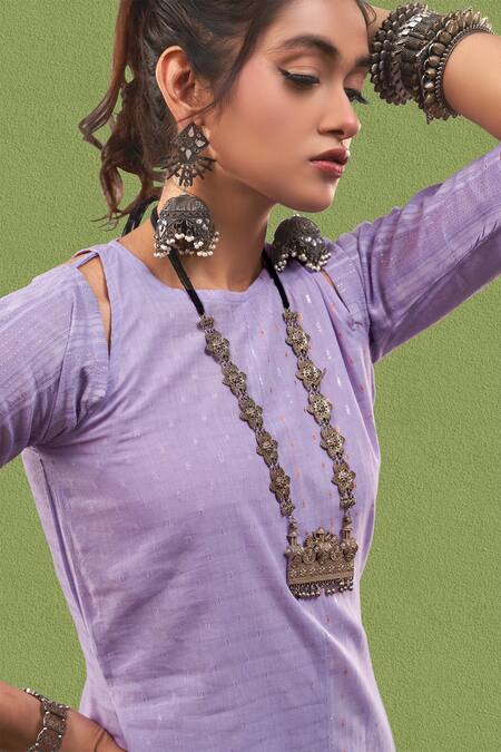 Shop_Affroz_Purple Cotton, Jacquard Round Neck Asymmetric Hem Paneled Kurta And Trouser Set _Online_at_Aza_Fashions