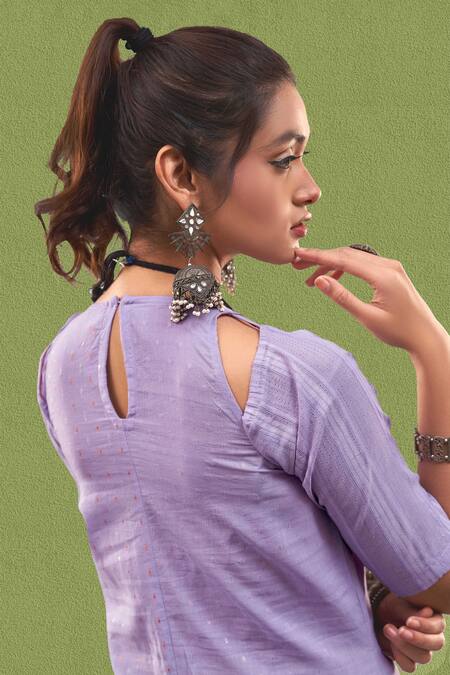 Affroz_Purple Cotton, Jacquard Round Neck Asymmetric Hem Paneled Kurta And Trouser Set _at_Aza_Fashions