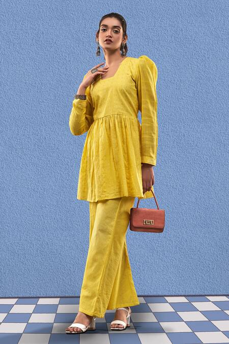 Buy_Affroz_Yellow Cotton Open Neck Solid Peplum Top And Bell-bottom Pant Set _Online_at_Aza_Fashions