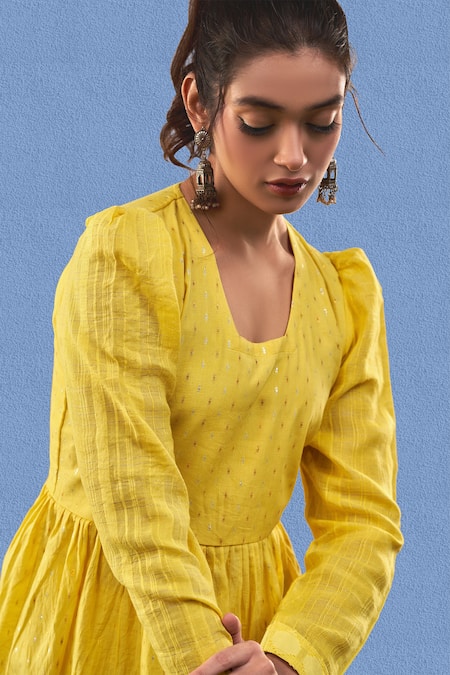 Affroz_Yellow Cotton Open Neck Solid Peplum Top And Bell-bottom Pant Set _at_Aza_Fashions